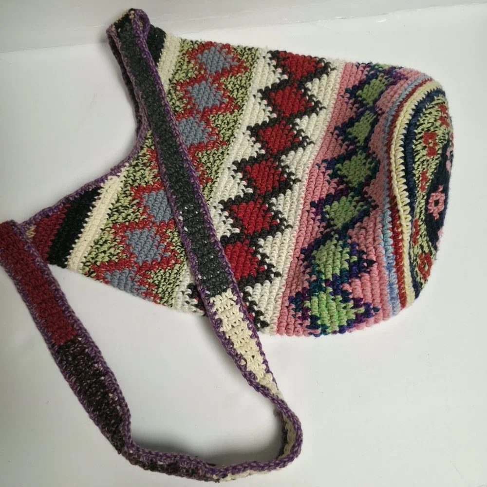 Vintage Boho Crochet Crossbody Bag Southwestern Geometric Knit Bucket Purse